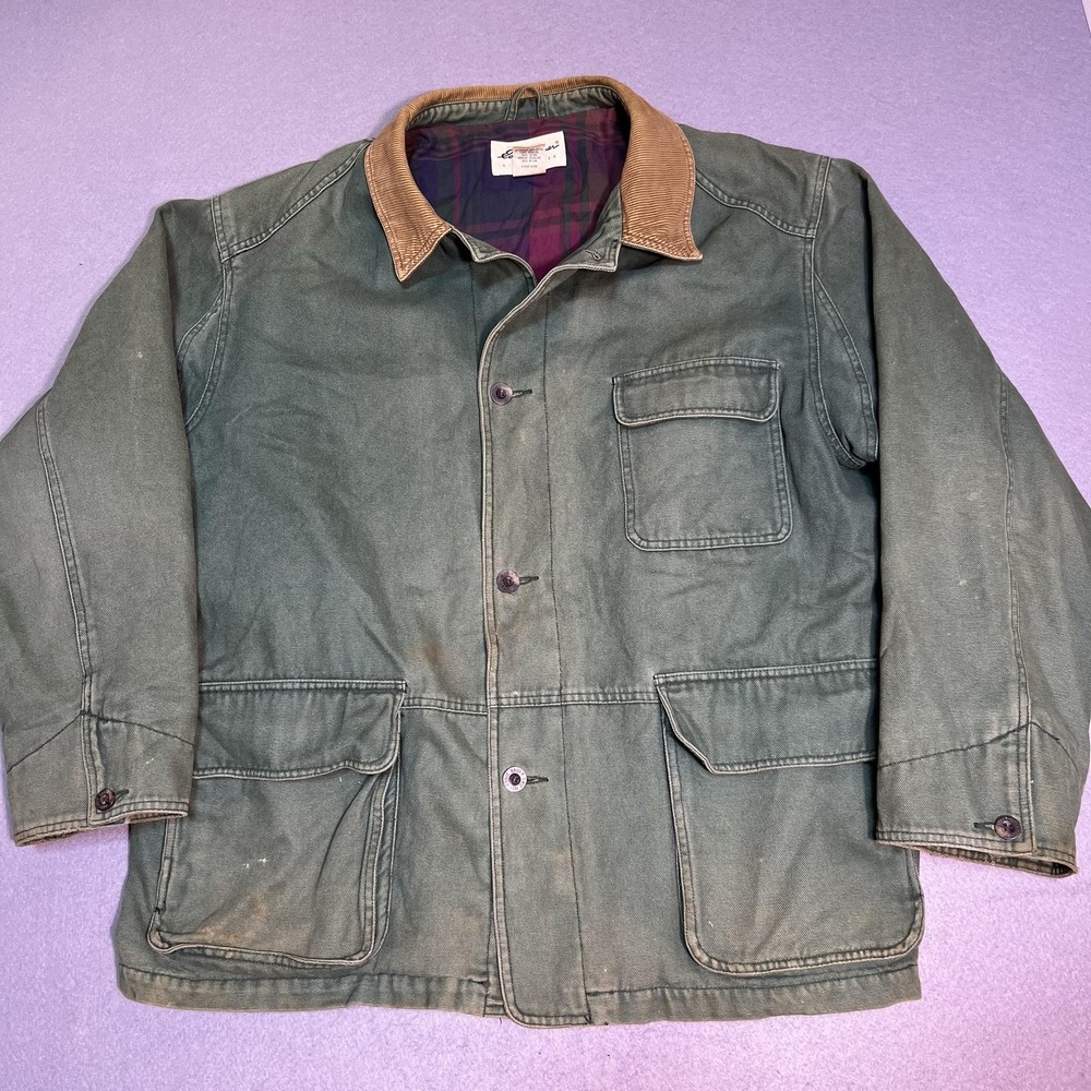 Vtg Eddie Bauer Canvas Field Jacket Canvas Chore Coat Cord Collar Plaid Mens 2XL